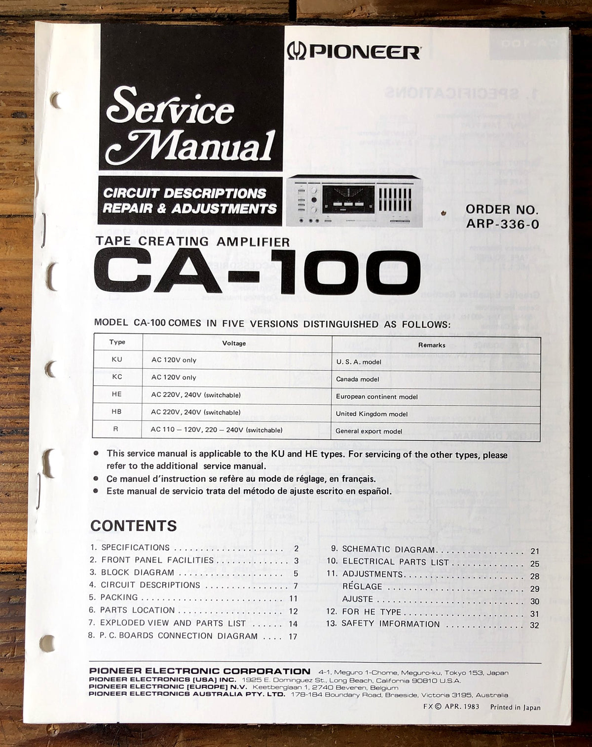 Pioneer CA-100 Tape Creating Amplifier Service Manual *Original*