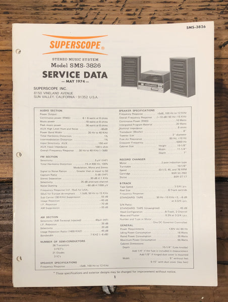 Superscope SMS-3826 Stereo  Service Manual *Original*