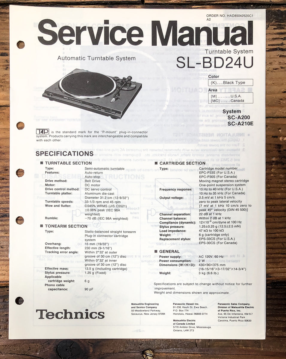 Technics SL-BD24U Record Player / Turntable Service Manual *Original*
