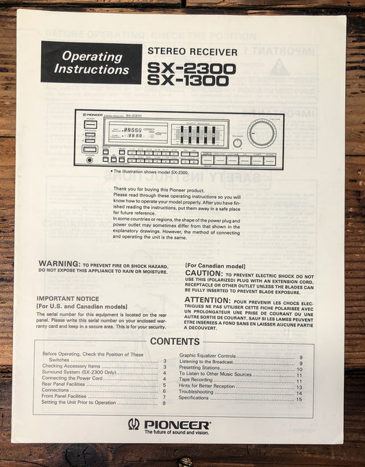 Pioneer SX-2300 SX-1300 Receiver Owners / User Manual *Original*