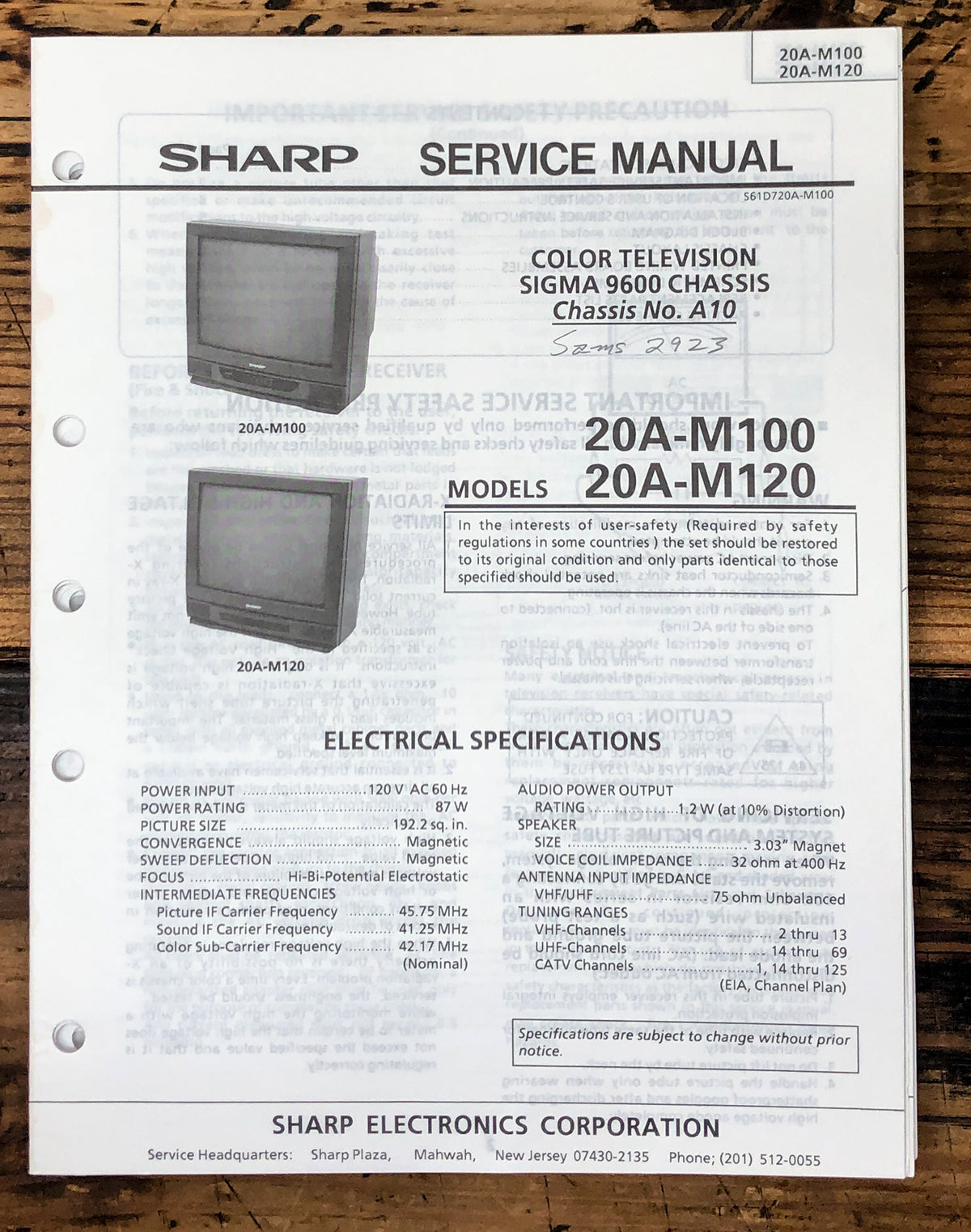 Sharp 20A-M100 20A-M120 TV / Television Service Manual *Original*
