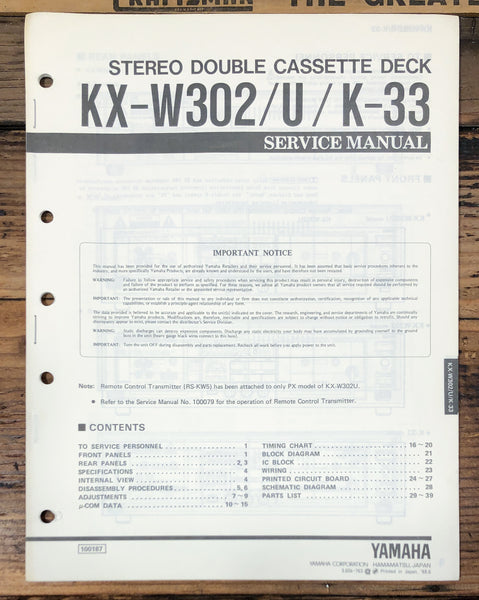 Yamaha KX-W302 -W02U K-33 Cassette  Service Manual *Original*
