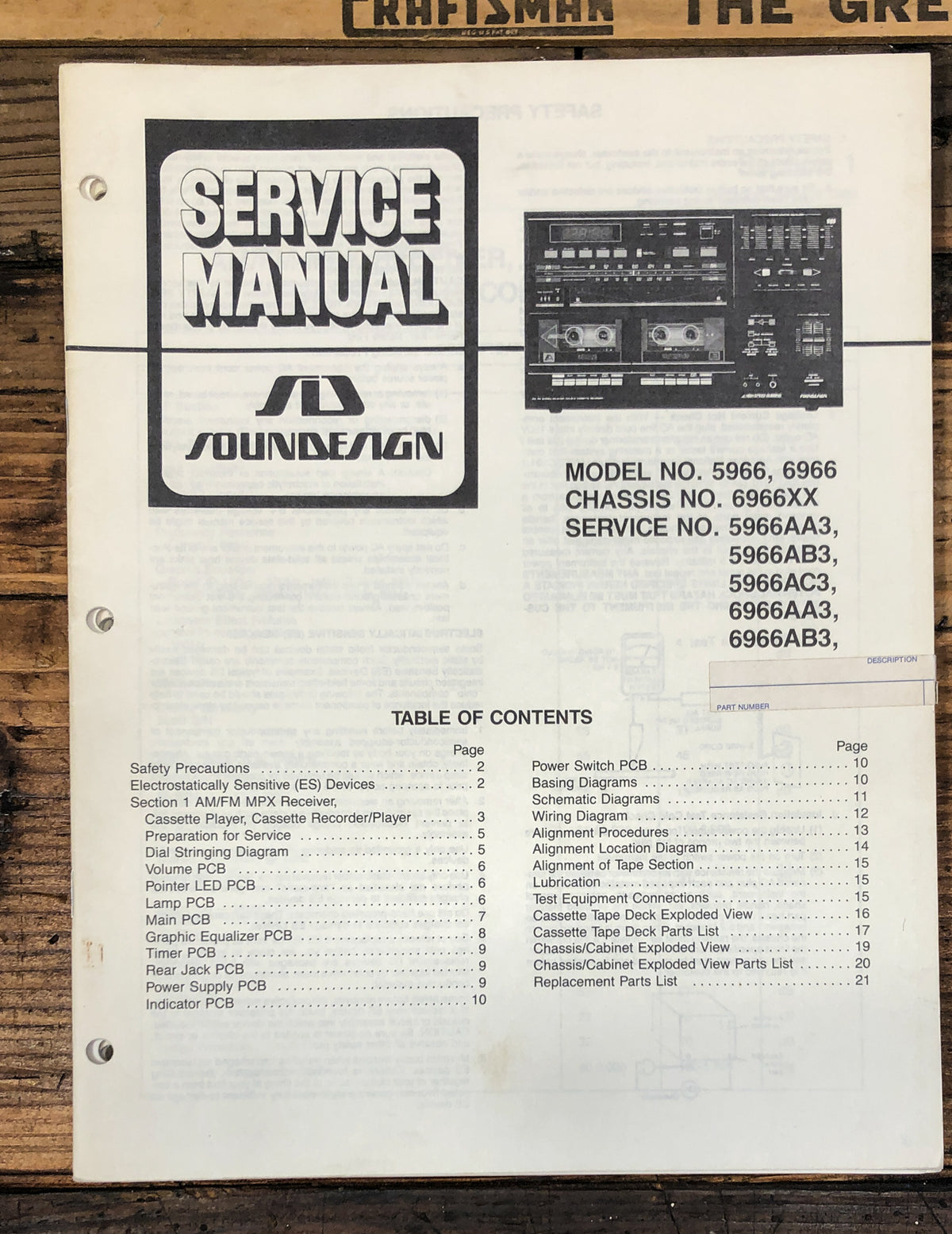 Soundesign Model 5966 6966  Stereo Service Manual *Original*