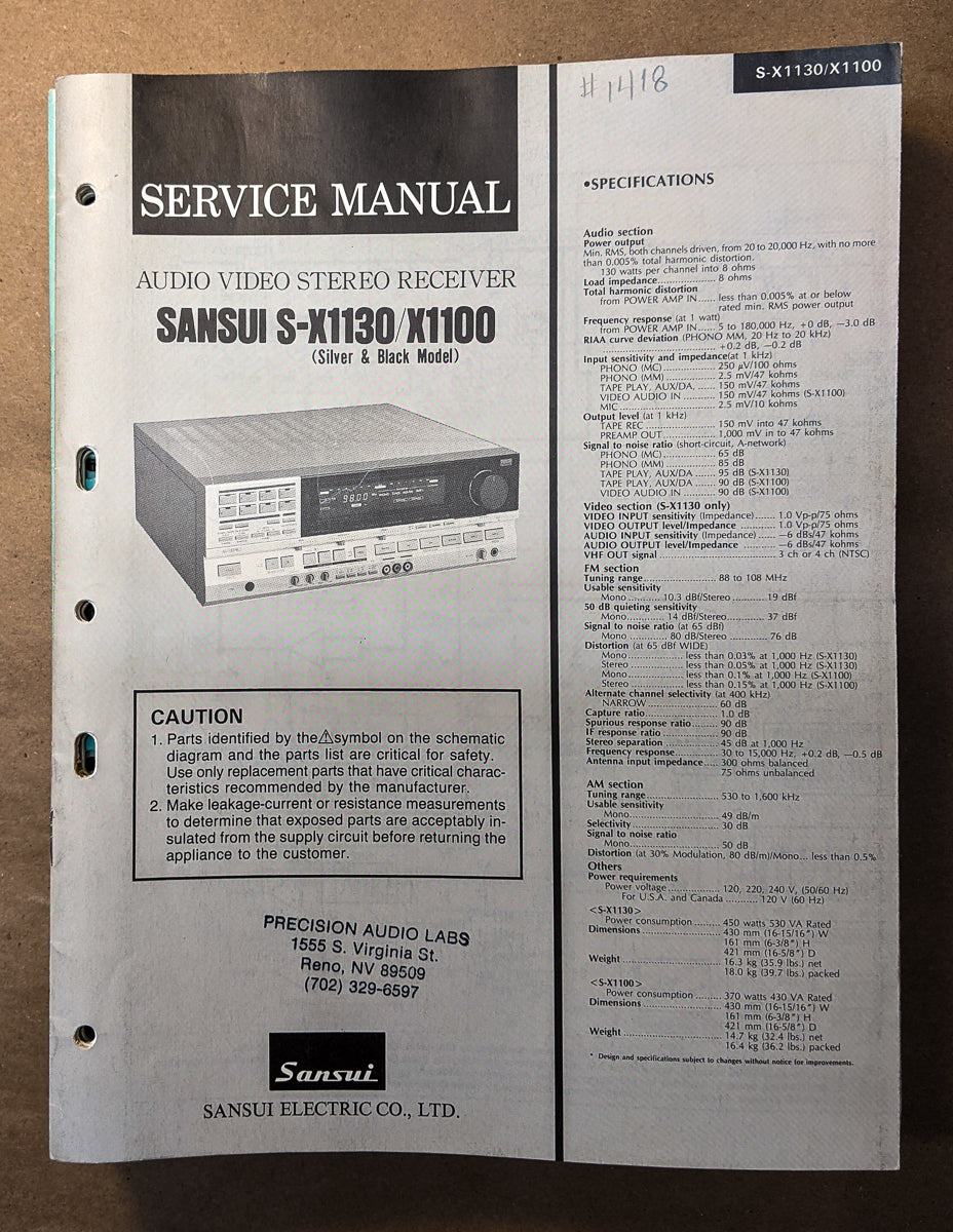 Sansui S-X1100 S-X1130 Receiver Service Manual *Original*