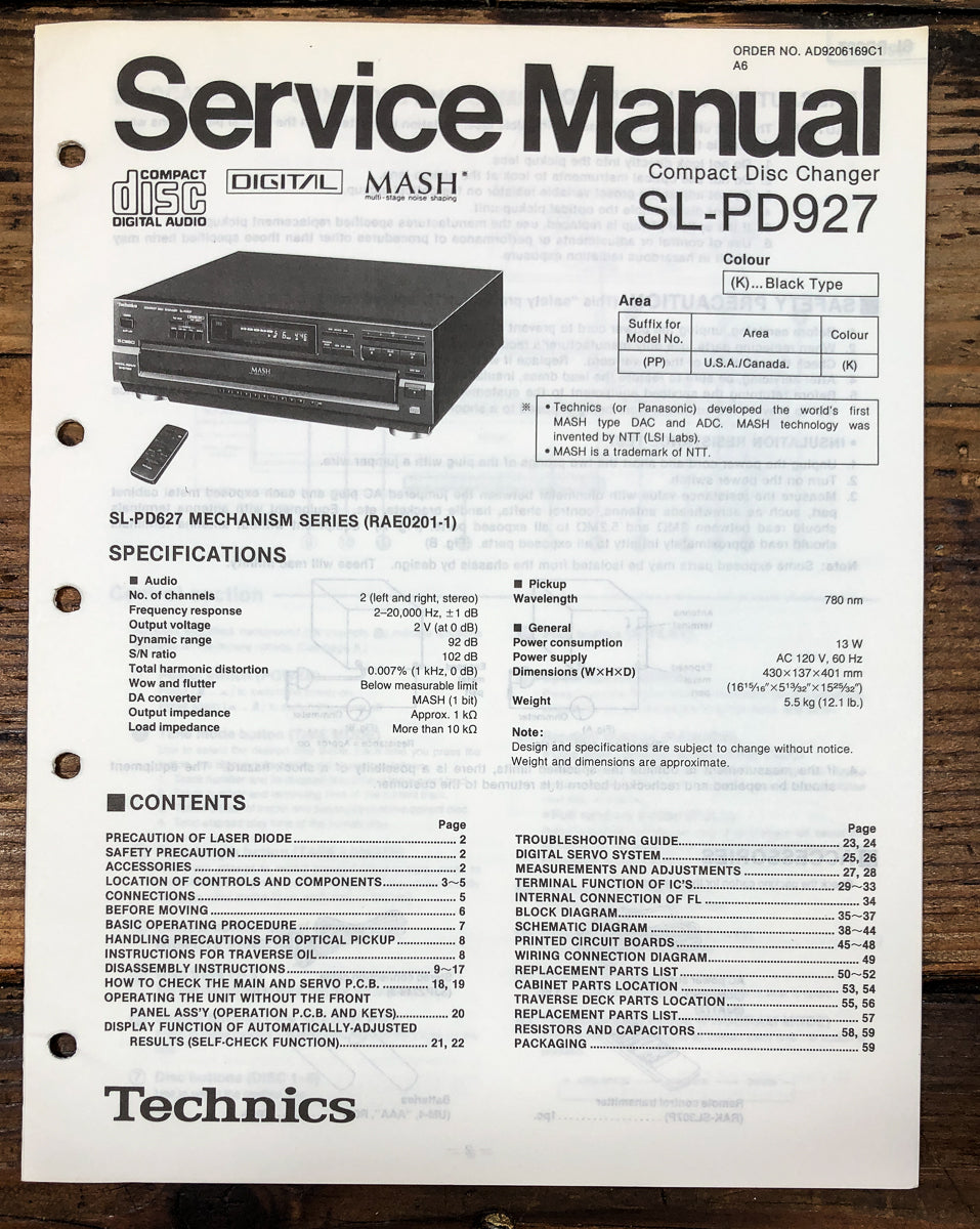 Technics SL-PD927 CD Player Service Manual *Original*