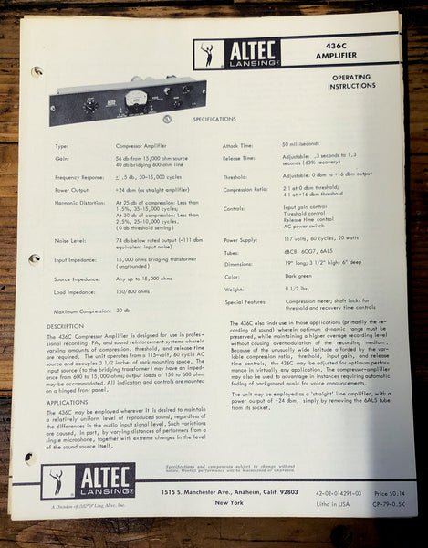 Altec Model 436C Amplifier  Owners Manual & Schematic *Orig*