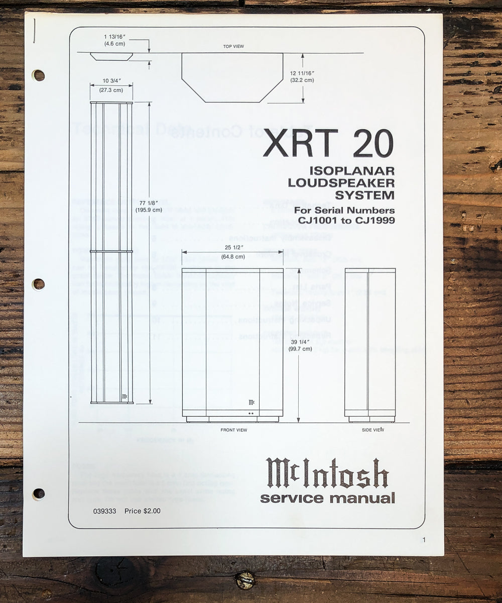 McIntosh XRT20 XRT-20 Speaker Service Manual *Original*