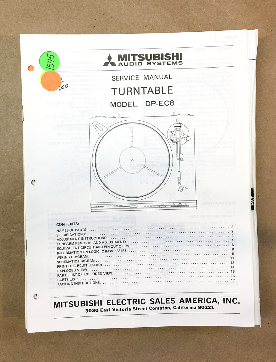 Mitsubishi DP-EC8 Record Player / Turntable  Service Manual *Original*