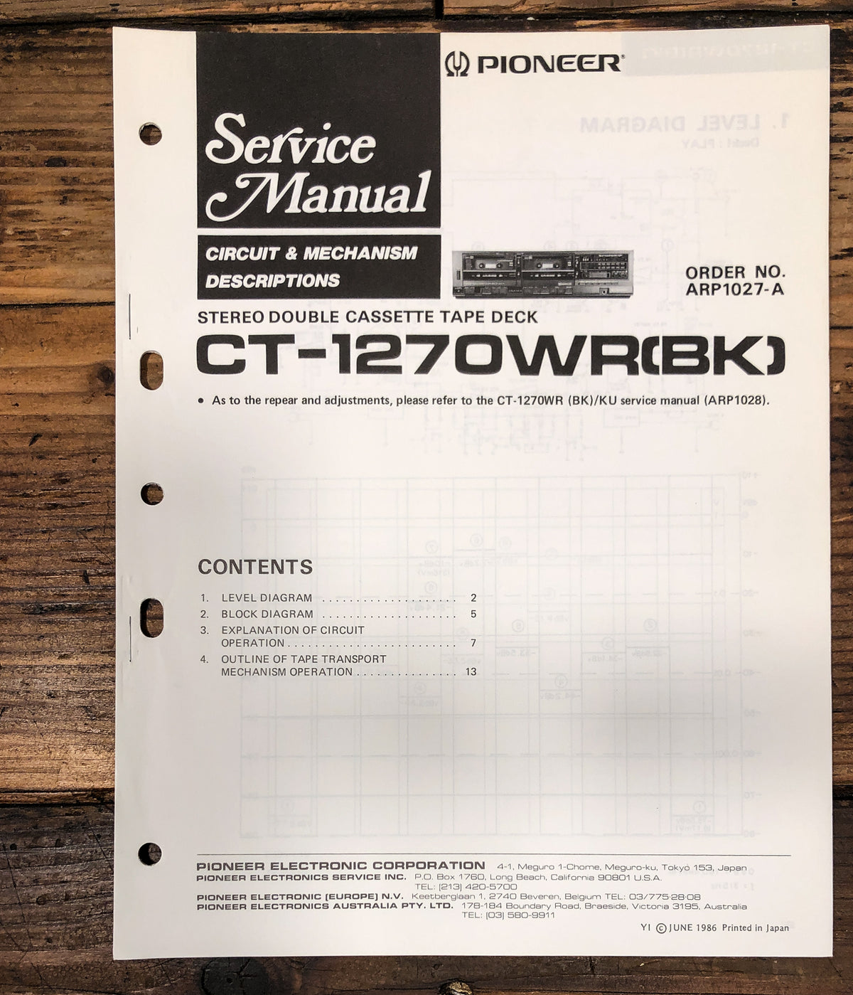 Pioneer CT-1270WR Cassette Service Manual *Original* #2