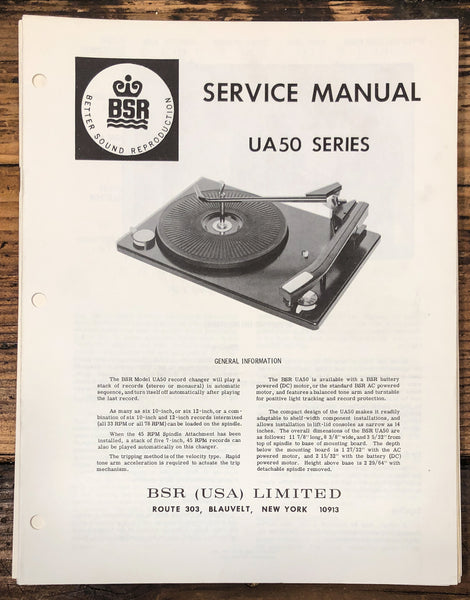 BSR UA 50 UA50 Series Record Player / Turntable  Service Manual *Original*