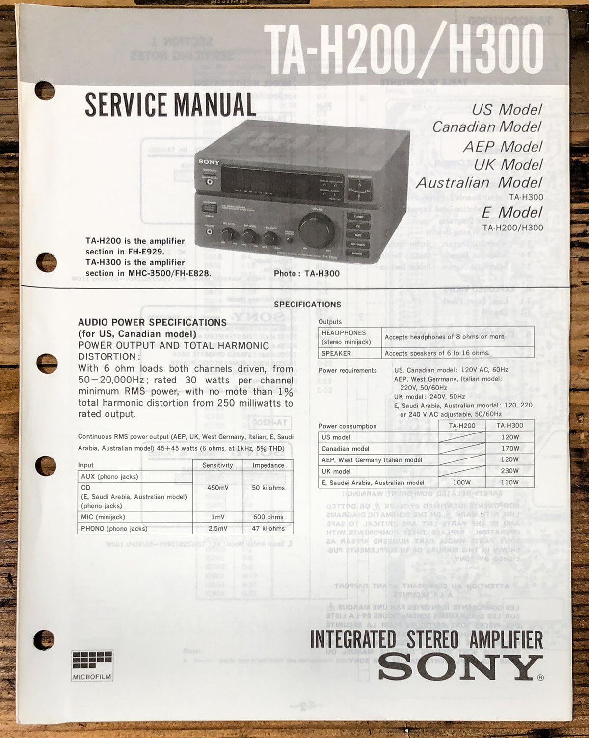 Sony TA-H200 TA-H300 Stereo  Service Manual *Original*