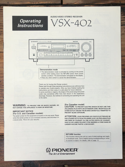 Pioneer VSX-402 Receiver Owners / User Manual *Original*