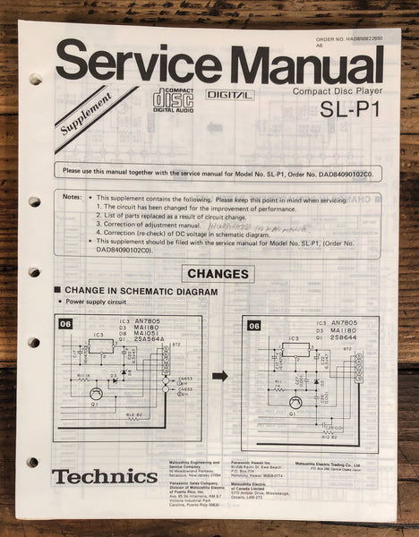 Technics SL-P1 CD Player Supp. Service Manual *Original*