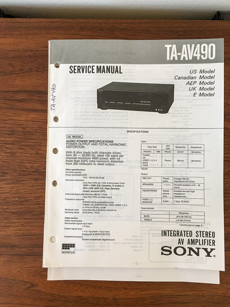 Sony TA-AV490 Amplifier Service Manual *Original*