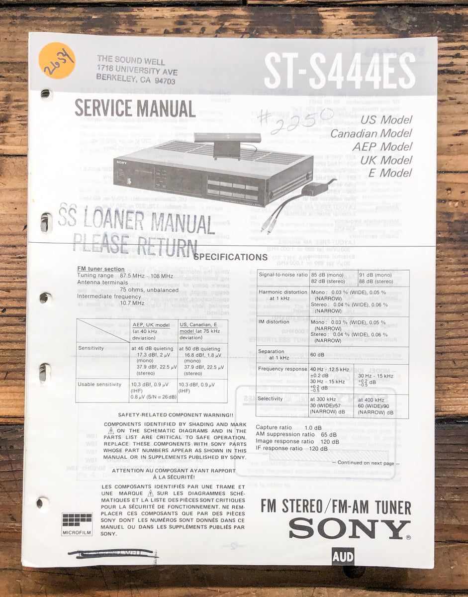 Sony ST-S444ES Tuner  Service Manual *Original*