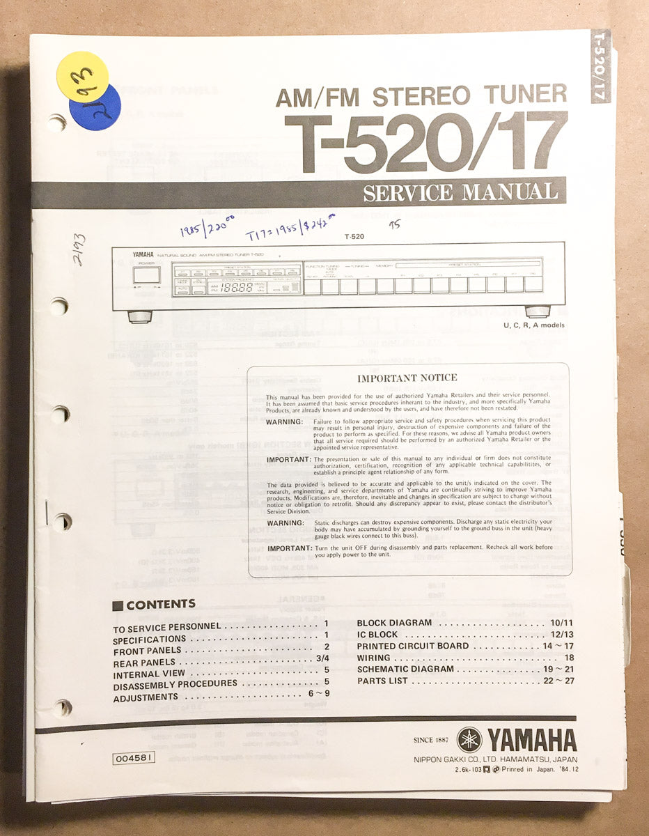 Yamaha T-520 T-17 Tuner  Service Manual *Original*
