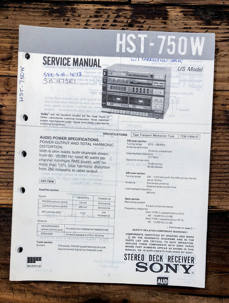 Sony HST-750W Stereo  Service Manual *Original*