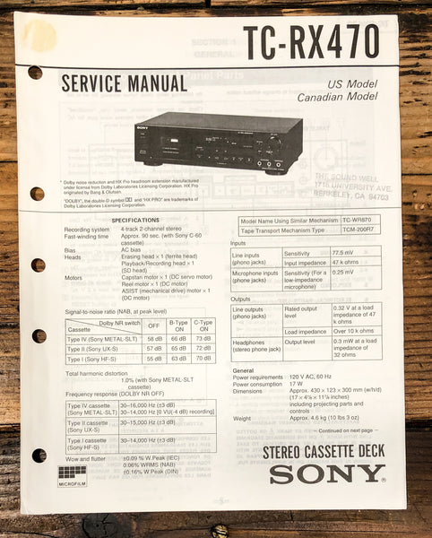 Sony TC-RX470 Cassette Service Manual *Original*