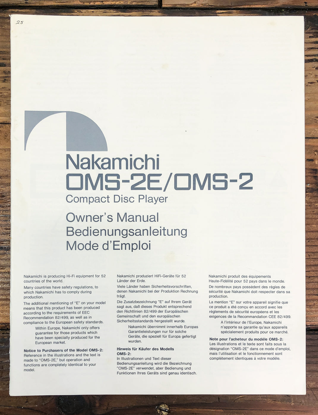 Nakamichi OMS-2 OMS-2E CD Player Owners / User Manual *Original*