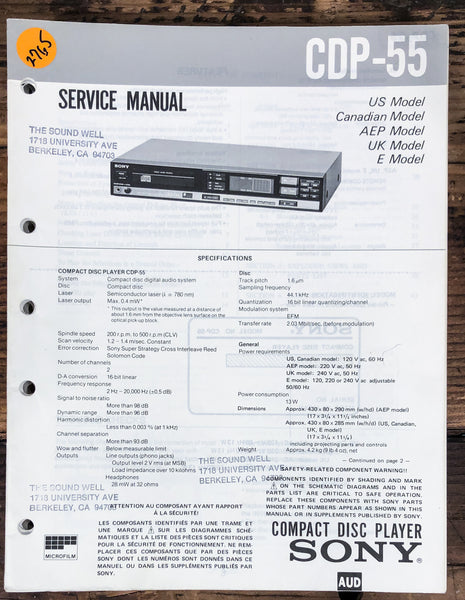 Sony CDP-55 CD Player  Service Manual *Original*