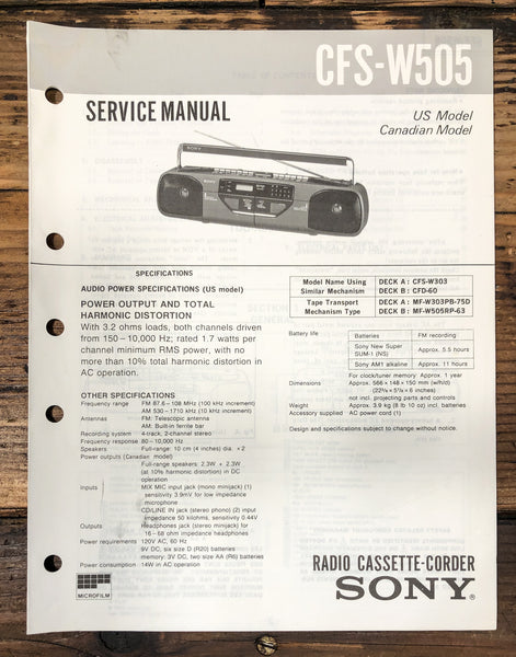 Sony CFS-W505 Radio Service Manual *Original*