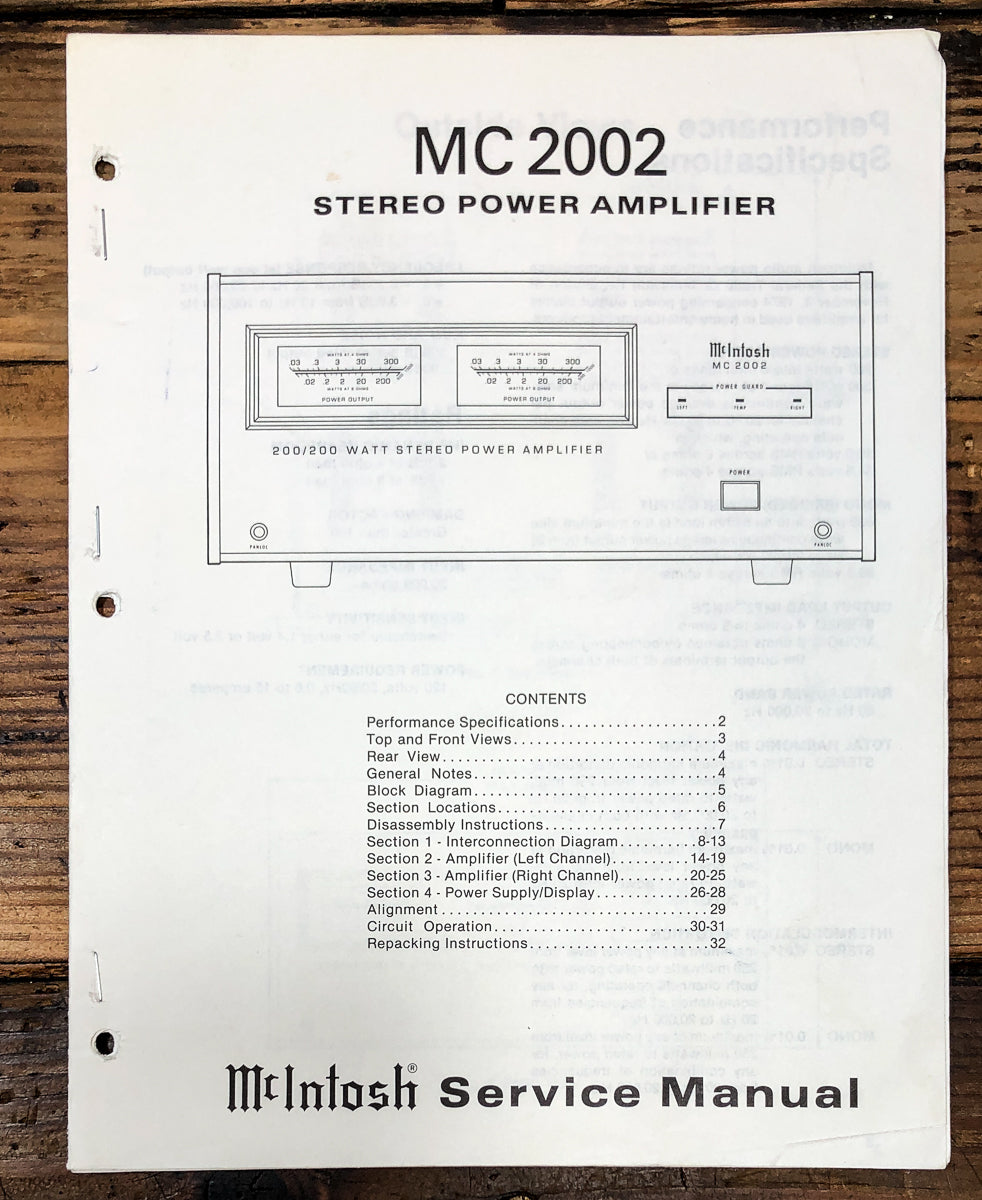 McIntosh MC-2002 MC2002 Amplifier Service Manual *Original*
