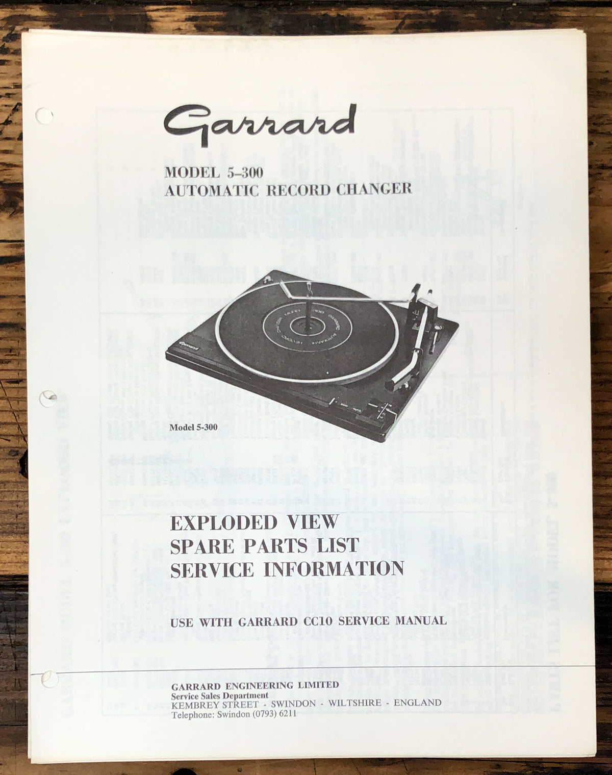 Garrard 5-300 Record Player / Turntable Service Manual *Original*