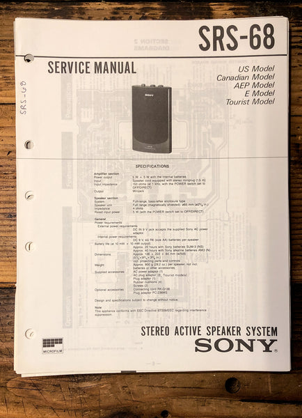 Sony SRS-68 Speaker  Service Manual *Original*