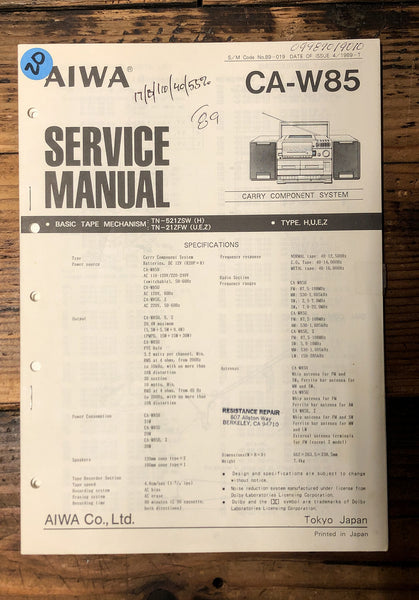 Aiwa CA-W85 Boombox / Stereo  Service Manual *Original*