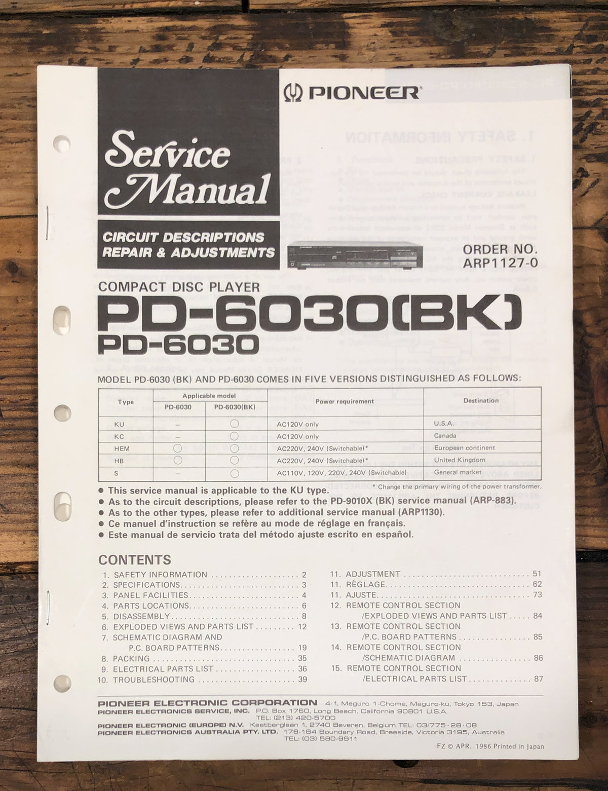 Pioneer PD-6030 CD Player  Service Manual *Original*