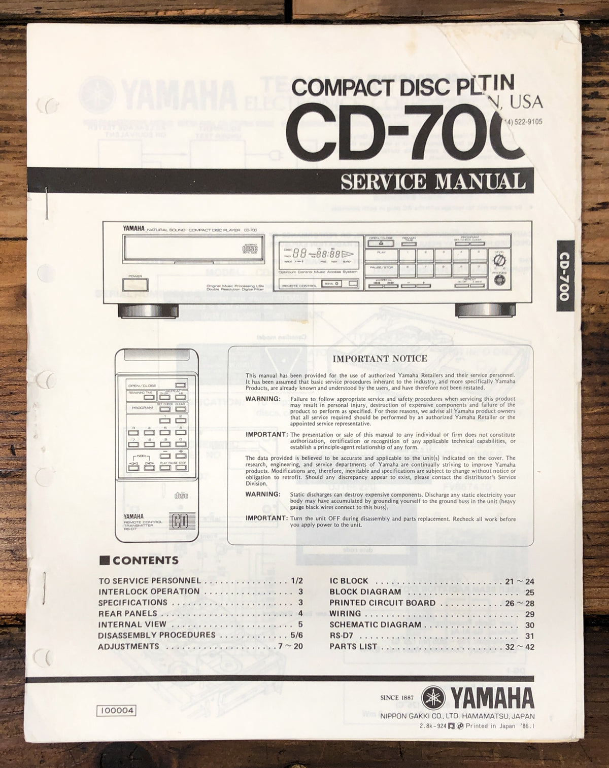 Yamaha CD-700 CD Player  Service Manual *Original*