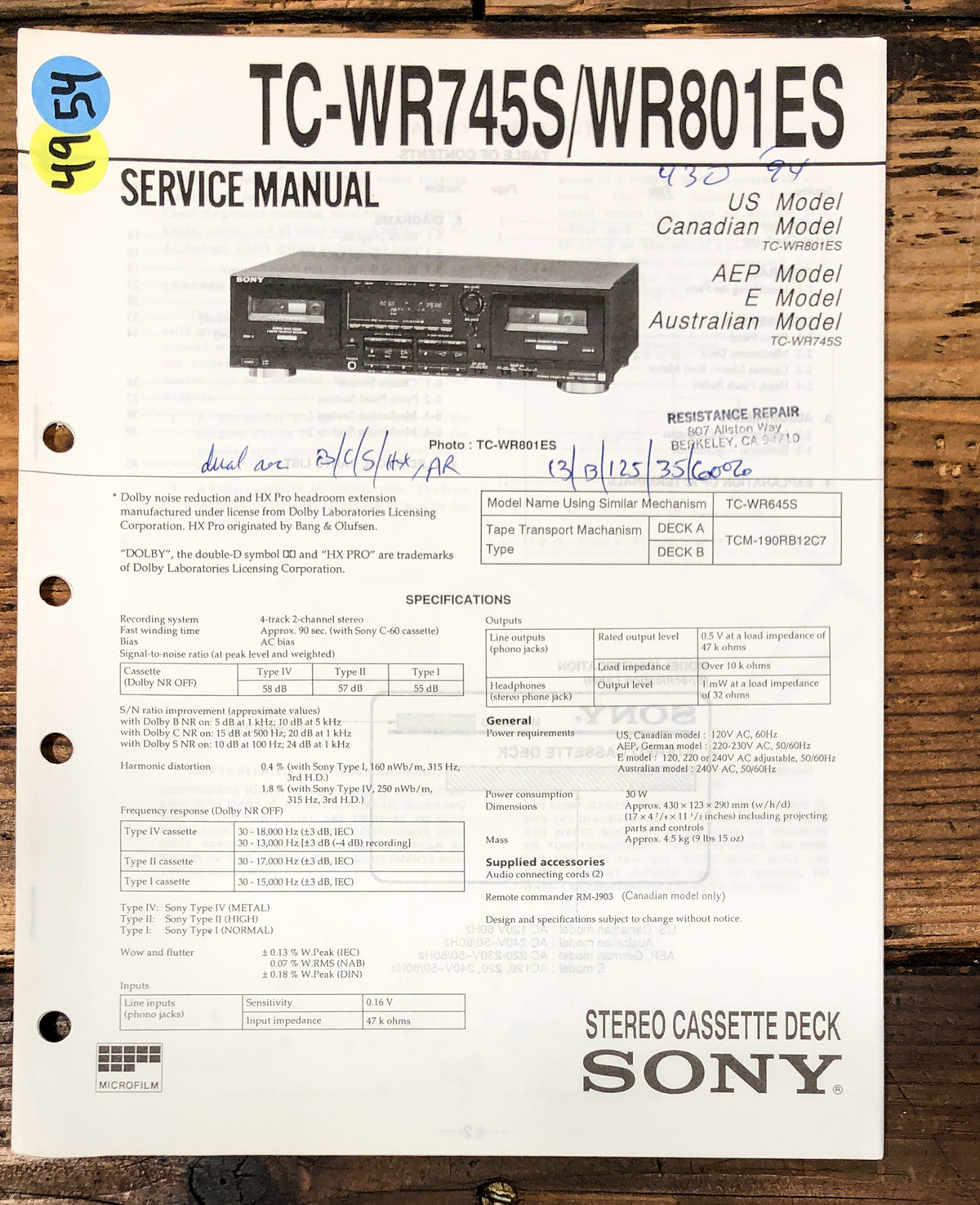 Sony TC-WR745S TC-WR801ES Cassette Service Manual *Original*