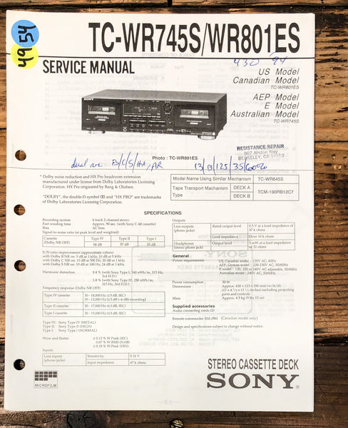 Sony TC-WR745S TC-WR801ES Cassette Service Manual *Original*