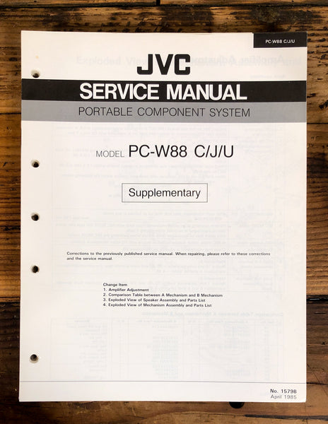 JVC PC-W88 Stereo / Boombox Supp. Service Manual *Original*