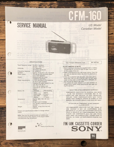 Sony CFM-160 Radio Cassette  Service Manual *Original*