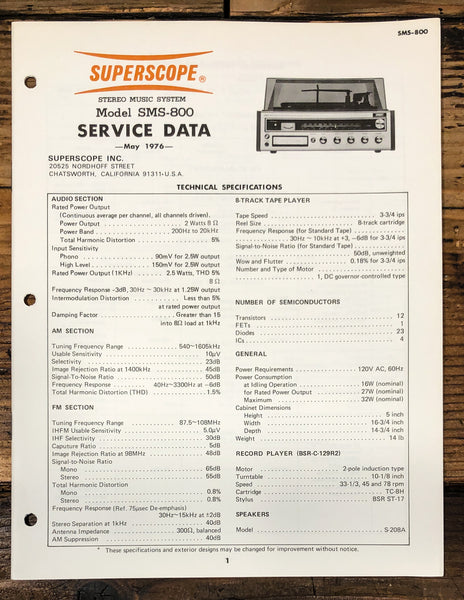 Superscope SMS-800 Stereo Service Manual *Original*