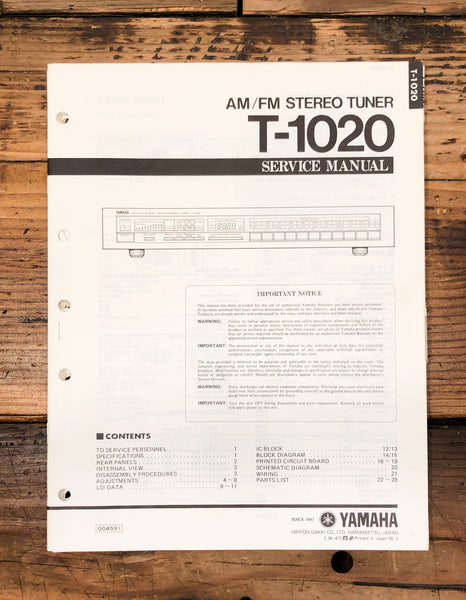 Yamaha T-1020 Tuner  Service Manual *Original*