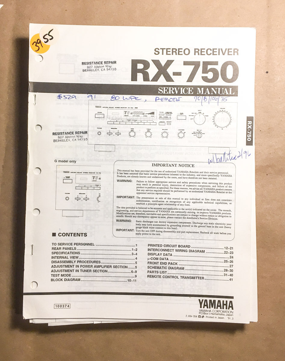 Yamaha RX-750 Receiver  Service Manual *Original*