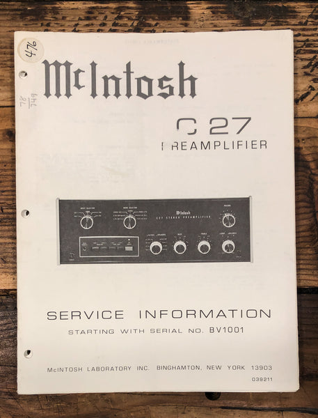 McIntosh C 27 C27 Preamplifier  Service Manual *Original*