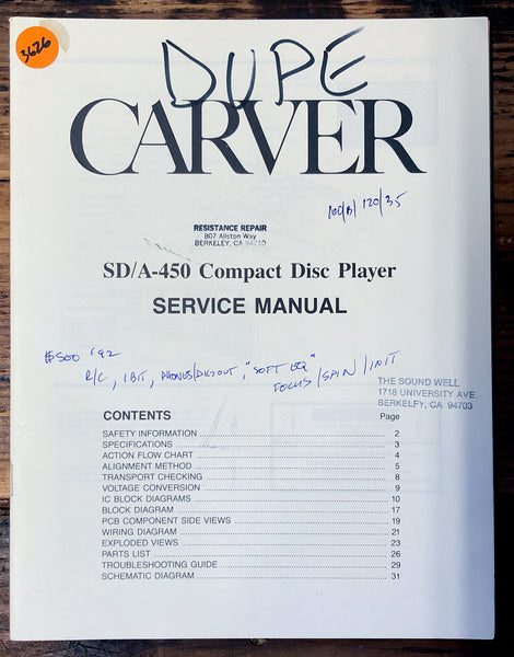 Carver SD/A-450 SDA-450 CD Player  Service Manual *Original*