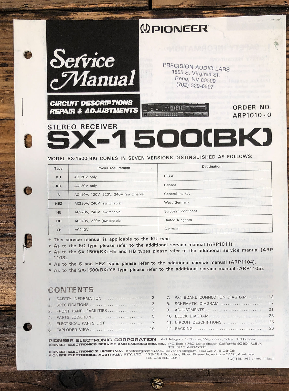 Pioneer SX-1500 Receiver Service Manual *Original*