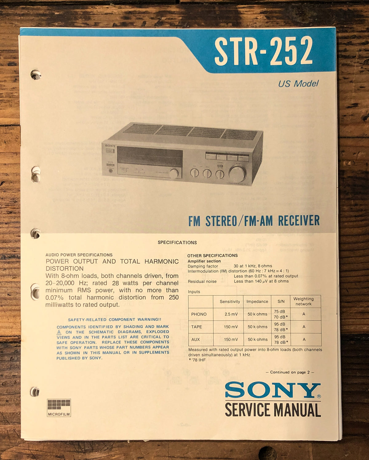 Sony STR-252 Receiver  Service Manual *Original*