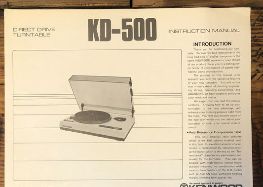 Kenwood KD-500 Turntable  Owner / User Manual *Original*