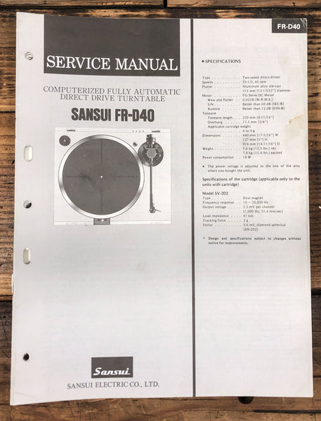 Sansui FR-D40 Record Player / Turntable  Service Manual *Original*
