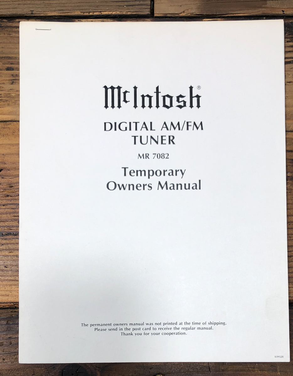 McIntosh MR7082 MR-7082 Tuner Temporary Owners / User Manual *Original*