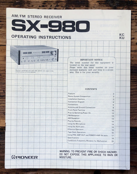 Pioneer SX-980 Receiver  Owner / User Manual *Original*