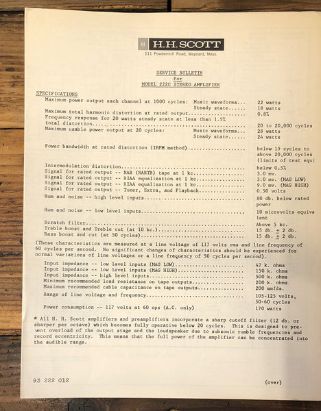 HH Scott Model 222C Amplifier  Service Manual *Original* #1