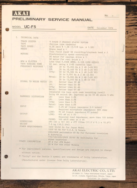 Akai UC-F5  PreliminaryService Manual *Original*