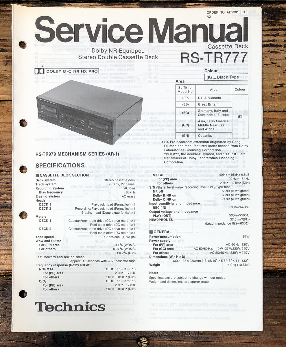 Technics RS-TR777 Cassette Service Manual *Original*