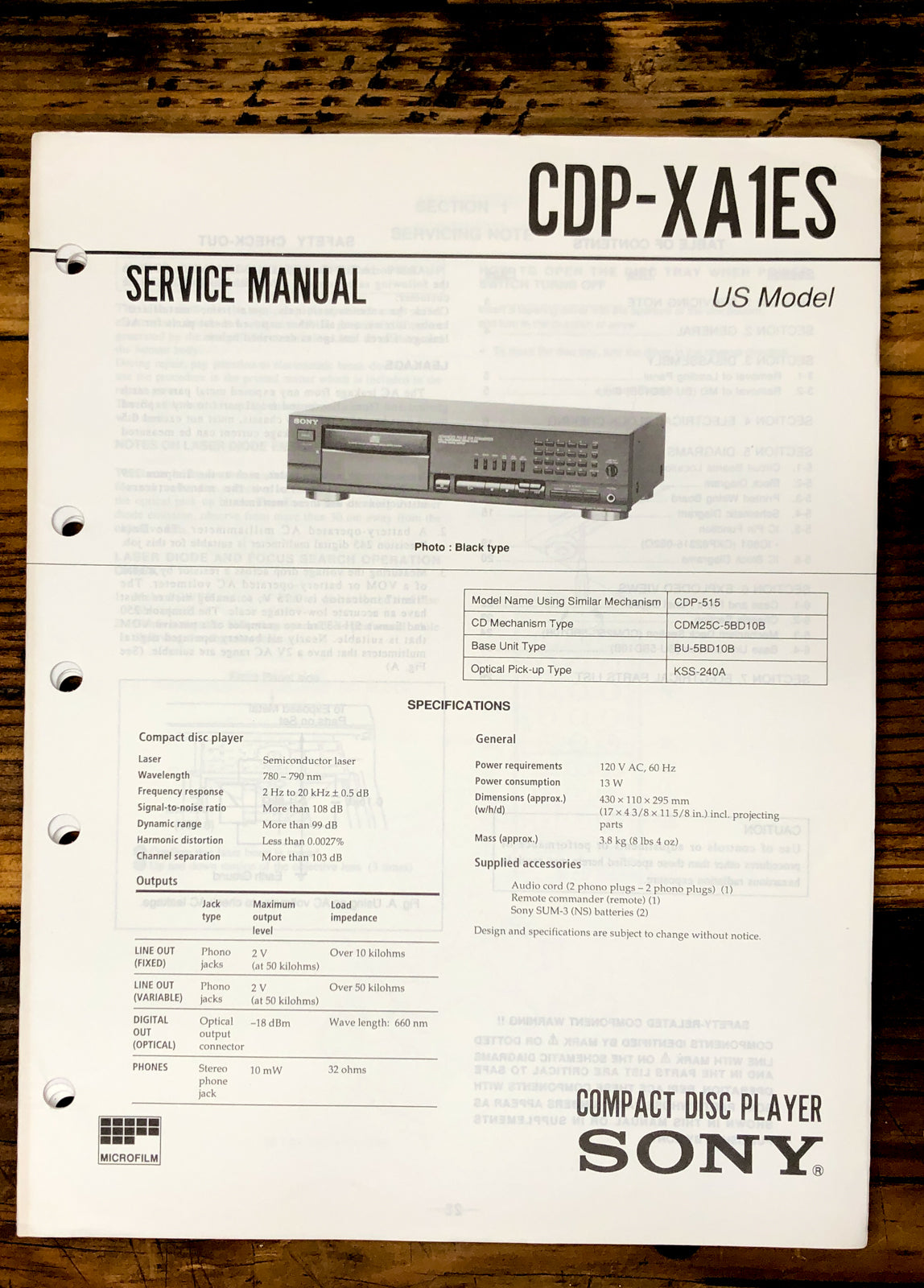 Sony CDP-XA1ES CD Player  Service Manual *Original*
